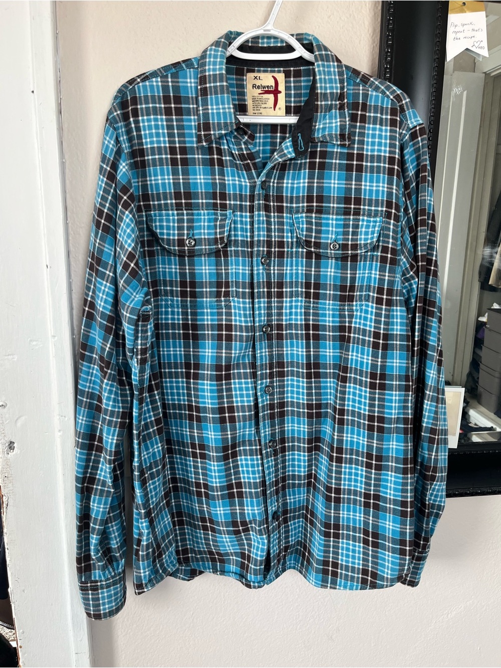 Relwen Men's XL Long Sleeve Blue Plaid Button-Down Shirt